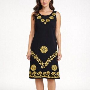 Rima Black Tropical Batik Printed and Embroidered Shift Dress Size Large